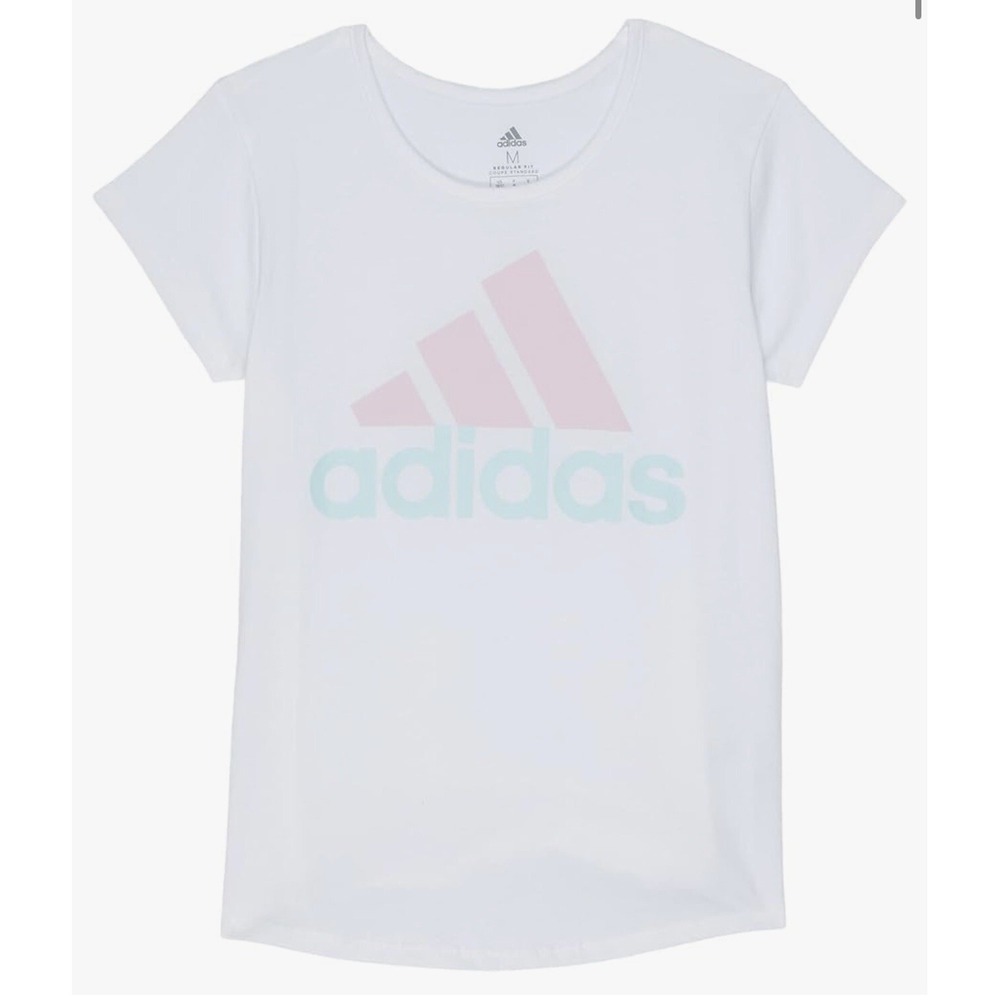 Adidas Girl Short Sleeve Graphic Tee White With Pink L (14) (0431)